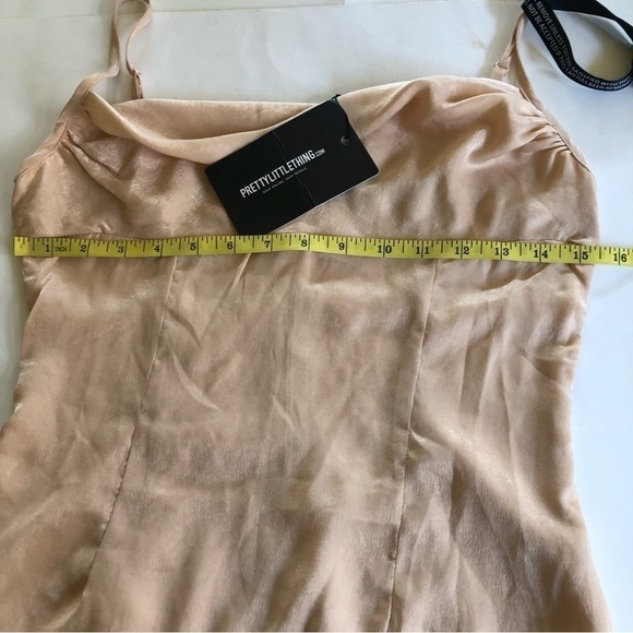 PrettyLittleThing Champagne Satin Cowl Ruched Side Strappy Bodycon Dress Sz 4 - Picture 12 of 16